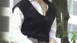 Japanese schoolgirl touching herself before peeing outside