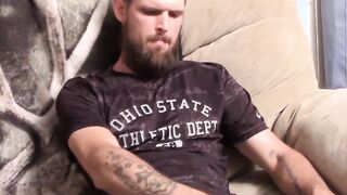 Straight bearded amateur strokes his cock with both hands