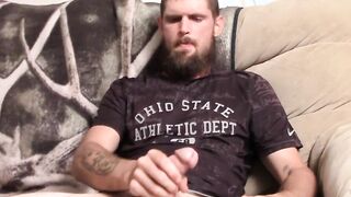 Straight bearded amateur strokes his cock with both hands