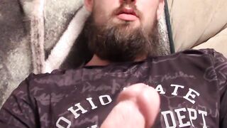 Straight bearded amateur strokes his cock with both hands