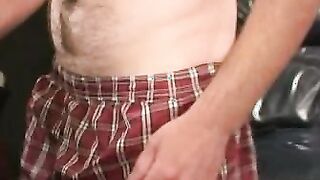Mature guy shows off his hairy body and tugs on his big cock