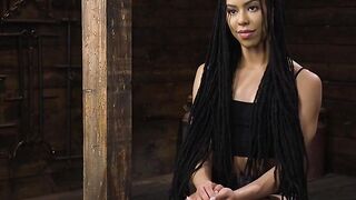 Bound ebony dildo gagged and fucked on hogtied