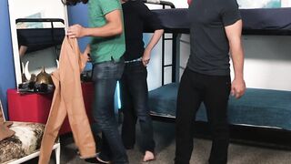Little twink gets his ass destroyed by two hard cocks