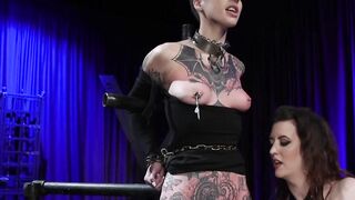 Chained tattooed babe pussy vibrated and fingered