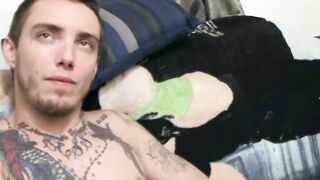 Two straight tattooed thugs stroke their cock and cum blast