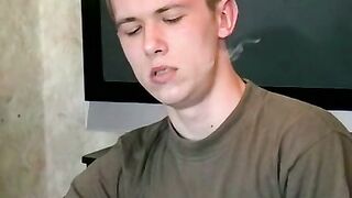 Hot dude stroking his huge dick and enjoys smoking butts