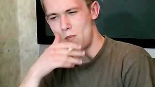 Hot dude stroking his huge dick and enjoys smoking butts