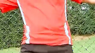 Horny Brazilian jock jerking off his throbbing cock outdoors