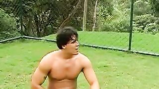 Horny Brazilian jock jerking off his throbbing cock outdoors