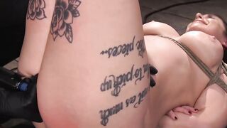 Tattooed bound slave fucked ith dildo on a stick
