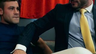 Kinky executive sucks jock cock before riding hard