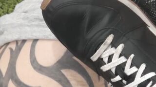 Inked gay licks his shoes and sucks his dick prior to fucking