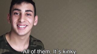 Cute Latin man swallowing after first banging with a man