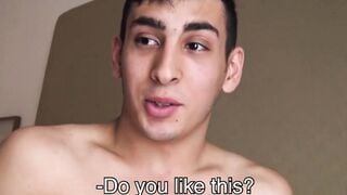 Cute Latin man swallowing after first banging with a man
