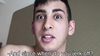 Cute Latin man swallowing after first banging with a man