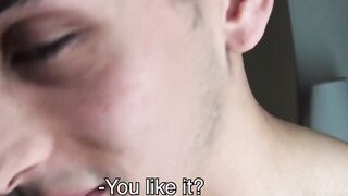 Cute Latin man swallowing after first banging with a man
