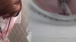 Unaware Japanese female workers pee on a hidden cam