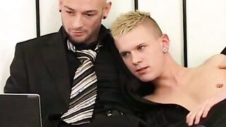 Skinny blonde twink sucks it off and gets barebacked hard