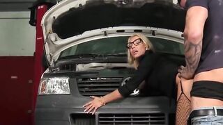 Adorable Euro MILF fucks two mechanics in rough threesome