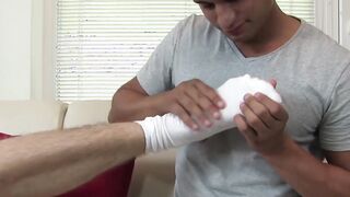 Sexy bare feet teenager Tyler Fox swallows big thick cock