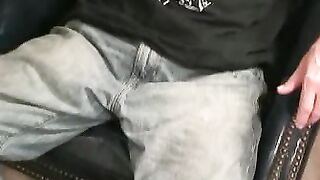 Mature hairy hunk pulls on his throbbing boner and loves it
