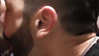 Tattooed hunks fucked bareback in interracial spitroast orgy