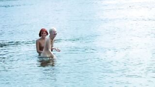 Skinny and young nudist ladies fool around on the beach