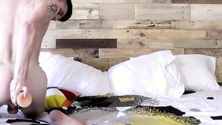 Inked twink jerks off and dildos his ass until he cums severely