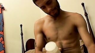 Hairy amateur is jacking off his cock and using a fleshlight