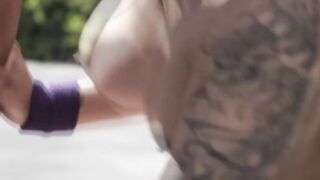 Watch this TS suck and ride two big cocks in court