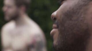 Watch this TS suck and ride two big cocks in court