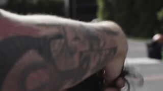 Gaze at this TS suck and ride 2 big cocks in court