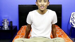 After an interview an Asian twink strips off her clothes and makes out