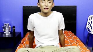 After an interview an Asian twink strips off her clothes and makes out