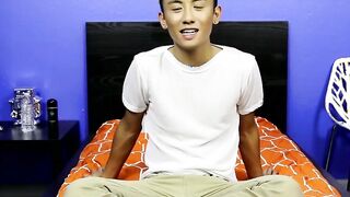 After an interview an Asian twink strips off her clothes and makes out