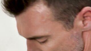 Muscly gay swallows massive hard dicks in public toilet