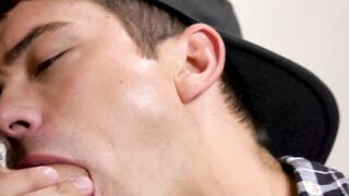 Muscly gay swallows massive hard dicks in public toilet