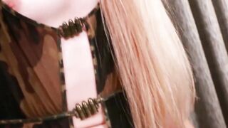 Exotic looking trans girl fucks with a machine and cums
