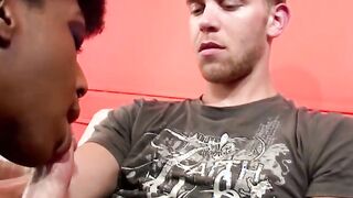 Blond jock sucked off before banging ebony threesome