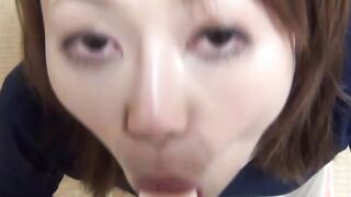 Busty Japanese cocksucker satisfied with POV toying