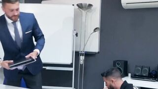 After sucking cock a suit and tie worker gets his ass railed