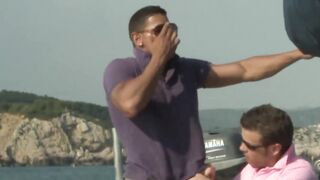 Four gay men with muscles have a hard anal session together