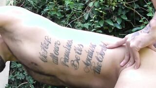 Tattooed Latino jock outdoor bareback hammered after blowjob