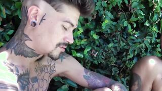 Tattooed Latino jock outdoor bareback hammered after blowjob