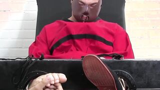 Bound dude with a mask on his face endures tickling torment