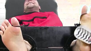 Bound dude with a mask on his face endures tickling torment