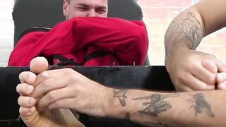 Bound dude with a mask on his face endures tickling torment