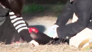 Young Japanese schoolgirl pisses herself in public for us