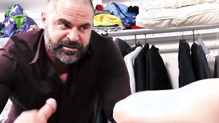 Charming large dicked stepson yanked off by hairy bear daddy