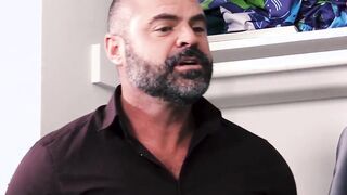Charming large dicked stepson yanked off by hairy bear daddy
